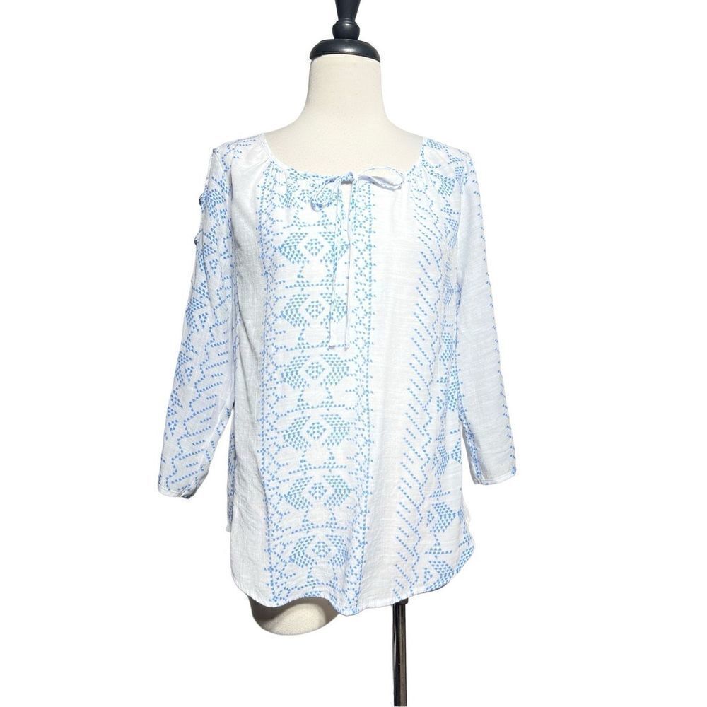 Fred David 3/4 Sleeve Blue and White Blouse Size Medium